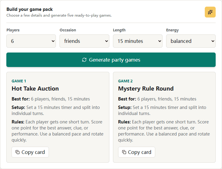 AI Party Game Generator settings for players, age range, occasion, time, and energy