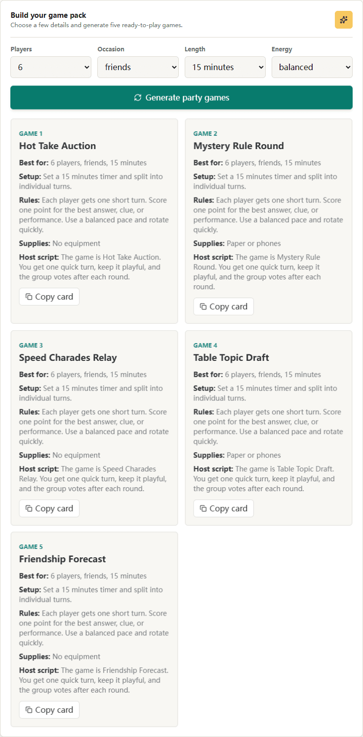 Generated party game cards with rules and host instructions